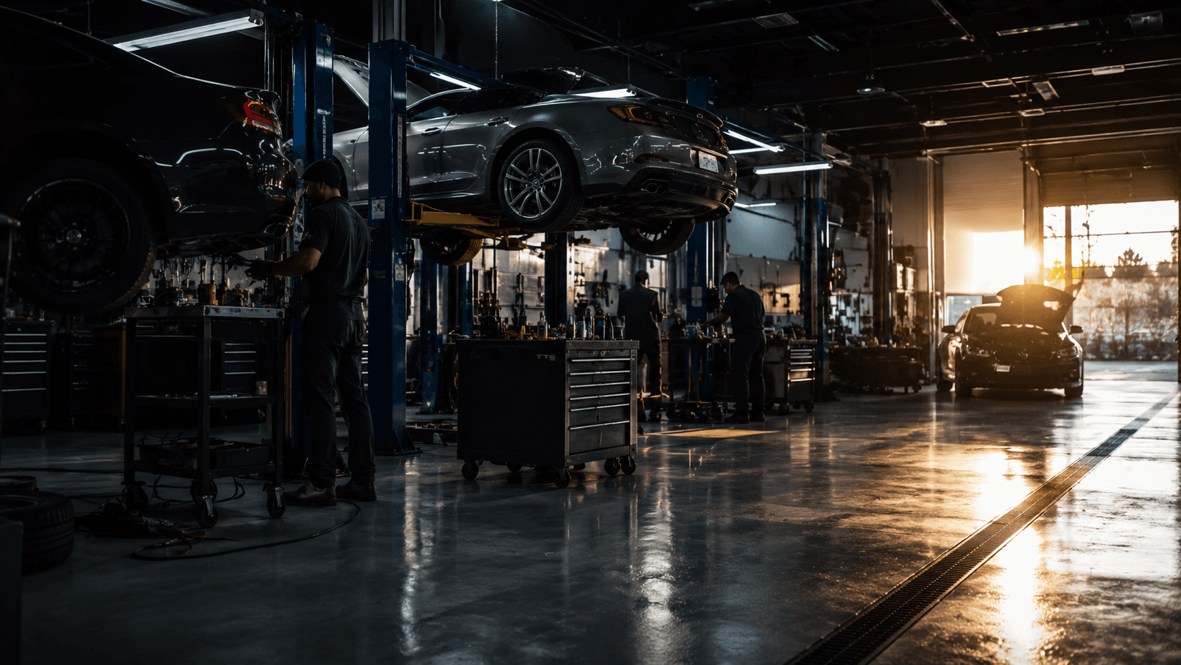 IAM Motors workshop at golden hour