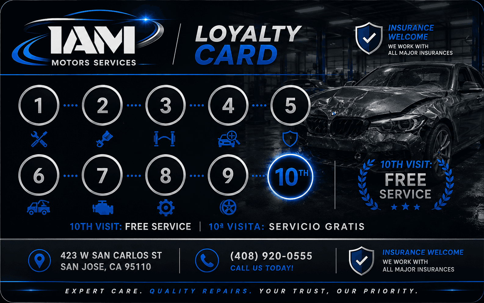 IAM Motors loyalty card — collect ten visits and the tenth service is free.